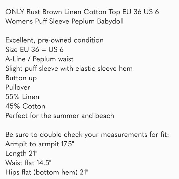 ONLY Rust Brown Linen Cotton Top EU 36 US 2 Womens Puff Sleeve Peplum Babydoll - Picture 7 of 7